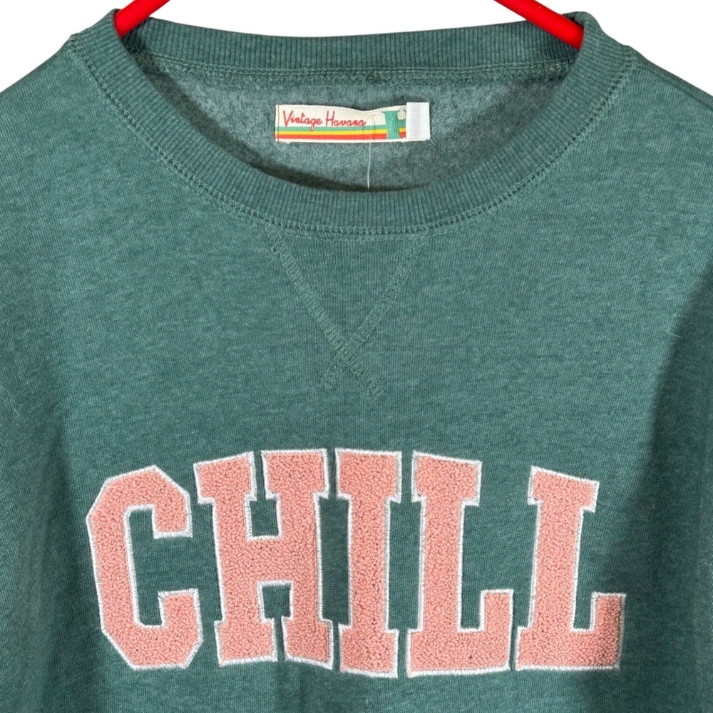 Vintage‎ Havana Kids Chill Graphic Sweatshirt Green Pink Chenille Large 14 New